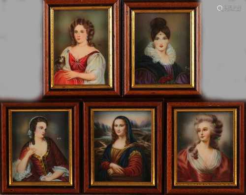 Five different miniature paintings. 20th century. Women portraits. Oil paint on panel. Size: H 7 x W