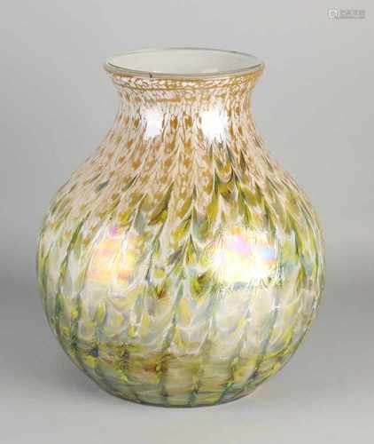 Large glass design vase with multicolored iridescent decor. 20th century. Monogrammed L.H.S. Size: H