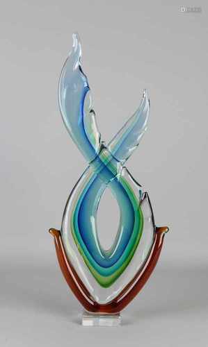 Large modern glass sculpture in blue / green / transparent. 21st century. Size: H 52 cm. In good