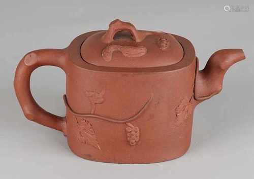 Old / antique Chinese Yixing teapot with grapevines and squirrel. Bottom Brand. Size: 10 x 19 x 10