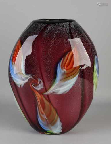 Large modern glass oval vase. Glass fusing. Floral. 21st century. Size: 37 x 30 x 15 cm. In good