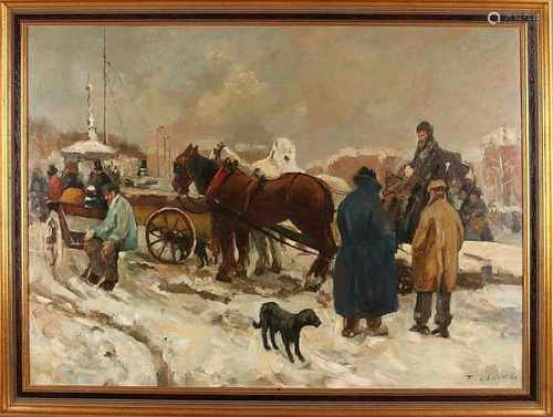 E. v.d. Broeck. Approximately 1930. Figures on snowy quay. Oil paint on panel. Size: 66 x H B of