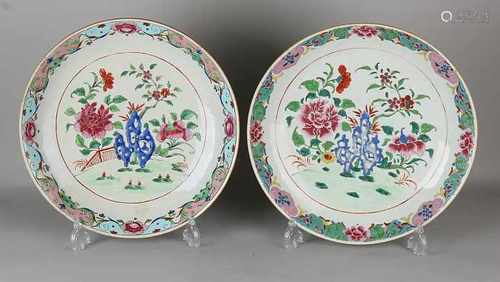 Two major 18th - 19th century Chinese porcelain plates with Family Rose garden decor. A good. One