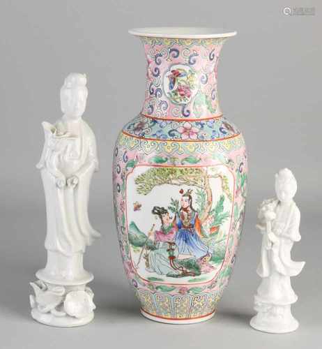 Three times Chinese porcelain. Consisting of: Two Blanc de Chine Quan Yin's Family + Rose vase.