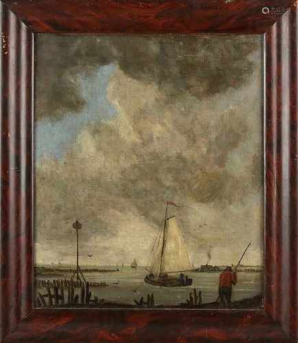 Unsigned. Early painting. Dutch harbor scene. Partly repainted. Paper on linen. Size: 38 x H, B 32