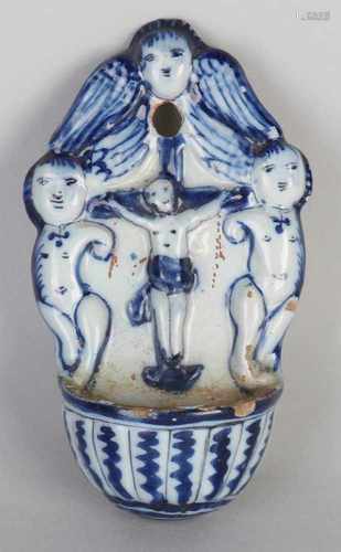 Rare 17th - 18th century Delft blue Fayence holy water wall receptacle with angels and holy cross.