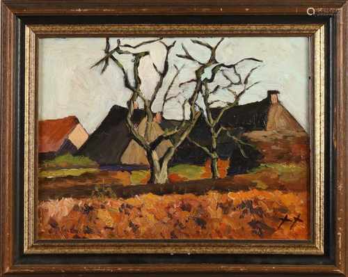 Jan Kruijsen. 1874 - 1938. Farm with trees. Oil paint on panel. Size: 27 x H, B 35 cm. In good