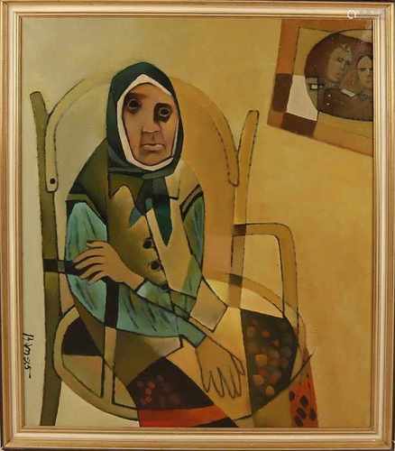 Russian School. 1995. Verso signed Cyrillic. Old woman on chair. Oil on linen. Size: 100 x H B 80