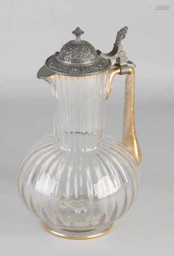 German historicism glass jug with tin lid cover. Circa 1880. Dimensions: H 25 cm. In good