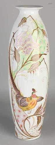 Large Art Nouveau porcelain vase with floral decoration and gold pheasants. Signature Rozenburg