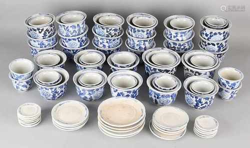 Large lot ancient Chinese porcelain flower pots with saucers underneath. 20th century. Size: 7-13