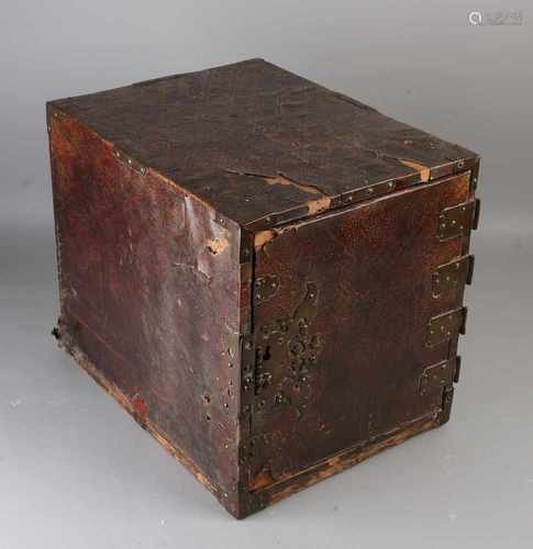 19th Century colonial documents trip chest with brass fittings. With compartments inside. Leather