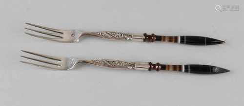 Set 835/000 antique silver forks acid with finely engraved steal with special and rare brown