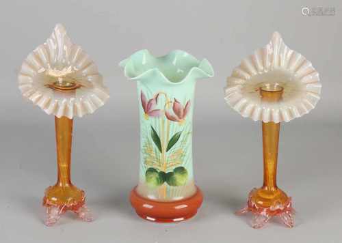 Three antique hand-blown glass vases. Circa 1910. Dimensions: H 20-24 cm. In good condition.