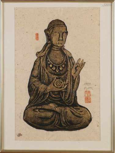 Chinese work. Signed. 20th century. Bronze Buddha on rice paper. Mixed media on paper. Size: 36 x H,