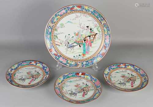 Four antique Japanese porcelain plates with figures in carriages decor. With blind stamp + bottom