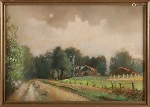 J.D. Hinrichs, 1941. Twente farmhouse adjacent dirt road Aamsveen. Pastel on paper. Size: 32 x H,