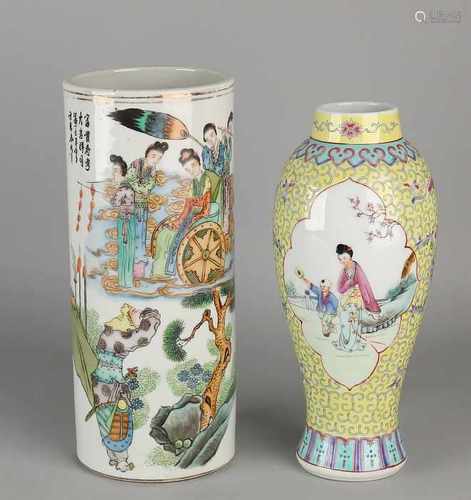 Twice ancient Chinese porcelain. One times large brushes vase with Figures decor + bottom brand.