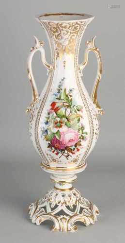 Large 19th century French porcelain vase. Hand painted with flowers and gold decor. Hairline.