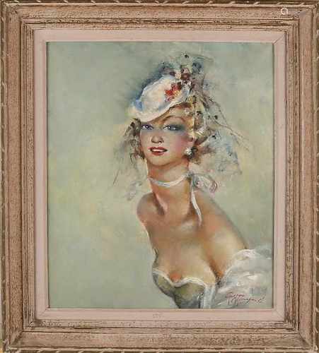 Georges Pierre Guinegault. 1896 - 1982. French lady with hat. Oil on linen. Size: 55 x H, B 47 cm.