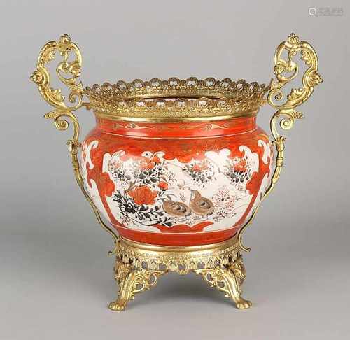 19th Century Japanese Kutani porcelain caché pot with gilt brass mounts. Bottom Brand. Size: 28 x 19