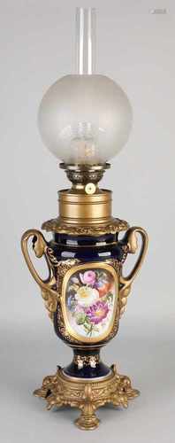 19th Century French porcelain kerosene lamp. Handpainted. Restored. Size: H 58 cm. In fair / good