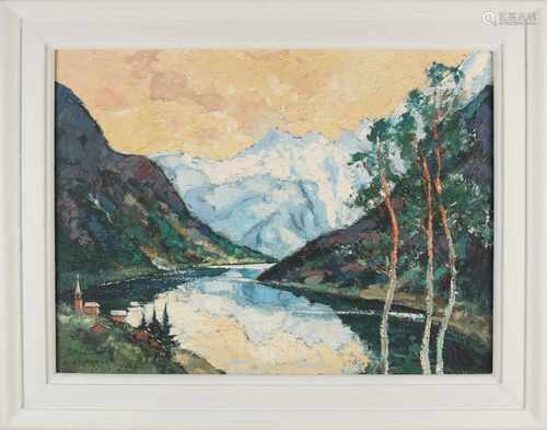 G.C. Role. Norwegian School. View Leikanger Norway. Oil on linen. Size: 60 x H, B 80 cm. In good