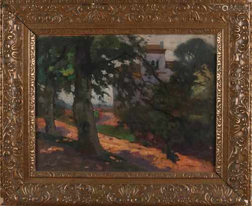 Gerrit Stegeman. 1858 - 1940. forest scene with country. Oil on linen. Size: 38 x 29.5 cm. In good