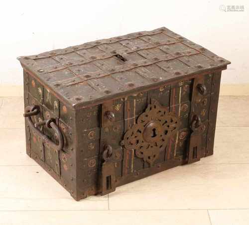 17th Century German iron strongbox with many bands and polychrome. With great original slot. Slot