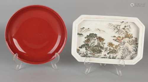 Twice Chinese porcelain. Comprising: Water container with landscape scenery + sign with red icing