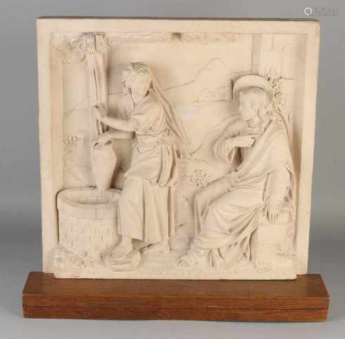 Antique religious relief terracotta tile. Jesus in women with well. Circa 1880. Monogram P. W. Size: