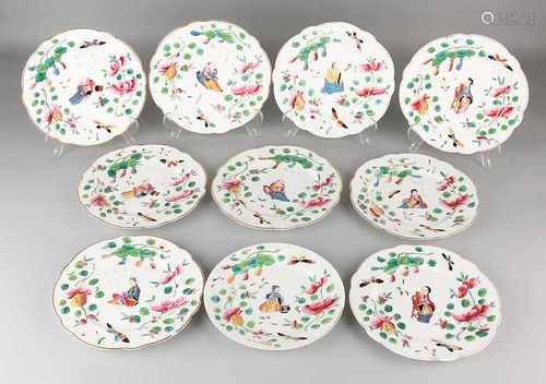 Ten antique porcelain plates with Chinese Family Rose sets, Geishas with flowers. 19th century.