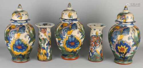 Rare five-piece garniture Colenbrander. Made at the factory Zuid Holland. Around 1912. Marked with