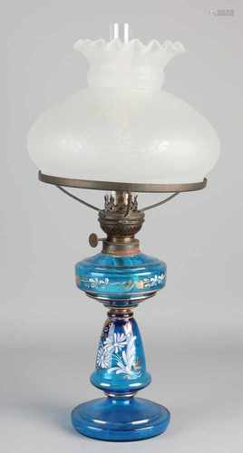 Antique blue glass kerosene lamp with floral / gold / enamel decor. Circa 1910. Dimensions: H 50 x Ø