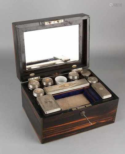 19th Century coromandel travel crate with bottles and holders + engraved plated lids. Signed Bramahl