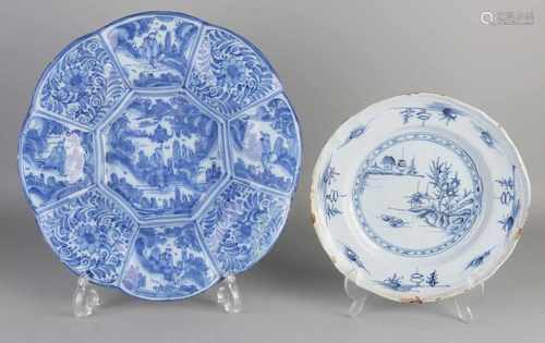 Two 17th - 18th century Delft Fayence dishes. Noticed. One large fold dish Wanli style. One molded