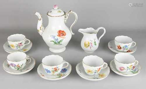 Eight-piece German Meissen porcelain tableware with floral decor. 20th century. Comprising: