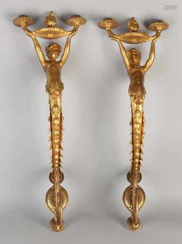 Two rare large ormolu bronze Empire candlesticks wall with wood nymphs. Two-lights. Approximately