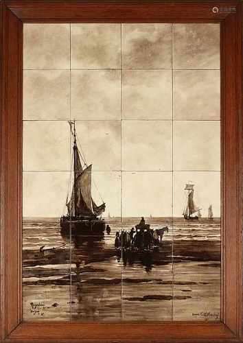 Large antique Rozenburg - The Hague porcelain tile picture to painting H.W. Mesdag. Painter K. Old