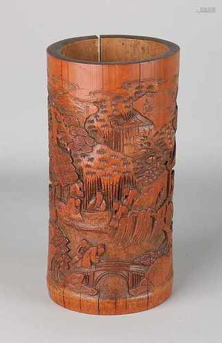 Antique Chinese wood inserted bamboo penselenpot with landscape / figures decor. Shrink seam.