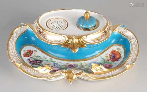 Large 19th century French porcelain inkstand with hand-painted floral / gold decor. Size: 11 x 31