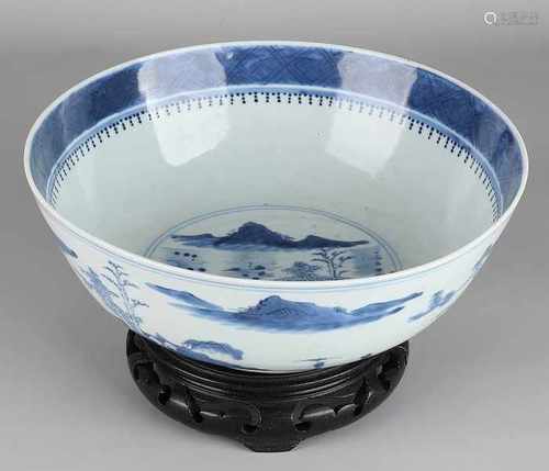 Large 19th century Kang Xi branded Chinese bowl with landscape / figures / pagoda decor. Four