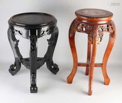 Two Chinese wood footstools stabbed, including one with marble top. 19th - 20th Century. Size: 55-62