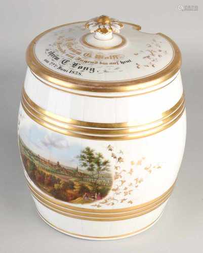 Large 19th century German KPM porcelain lidded with hand-painted landscape and gold decor.