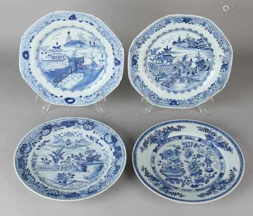 Four 18th century Queng Lung Chinese porcelain plates with pagodas landscapes and scenery. All its