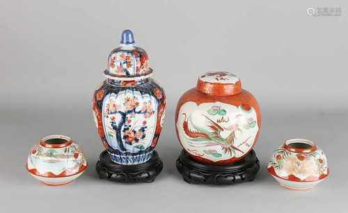 Four times antique Japanese porcelain. Comprising: Three Kutani covered jars, labeled. One Imari