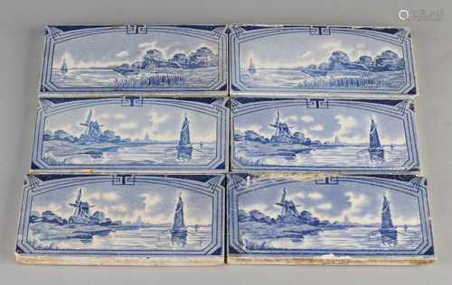 Six antique art nouveau tiles with diverse landscapes scenery. Approximately 1910. Some of the chip.