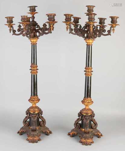 Two beautiful large French bronze candle candlesticks Charles Dix. Two-colored patina. Circa 1840.