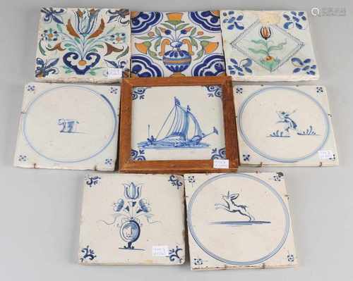 Eight antique Dutch tiles. Divers. 17th - 18th Century. Some restorations + damage. Dimensions: H 13