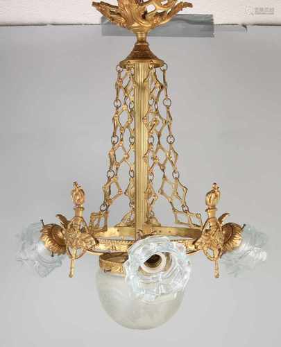 Four gilt-brass pendant light with original glass lampshades. Second half 20th century. Louis XVI